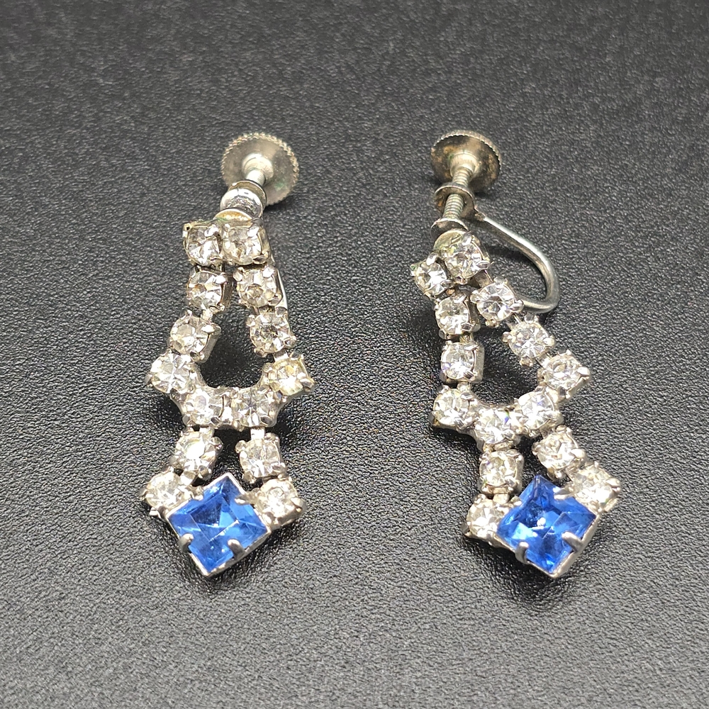 VTG Rhinestone Dangle Earrings Screwback Blue Glass Open Teardrop Silver Tone